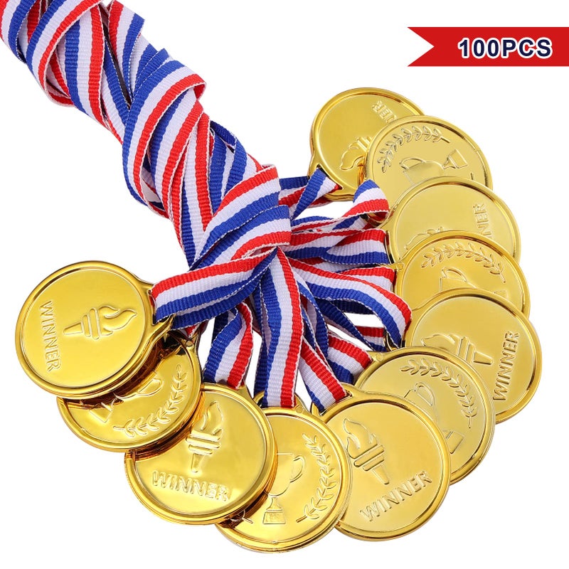 Pllieay 100 Pieces Gold Medals for Awards for Kids Plastic Winner Soccer Football Medals for Kids Awards Party Favors, Sports Party Game Prizes - Image 4